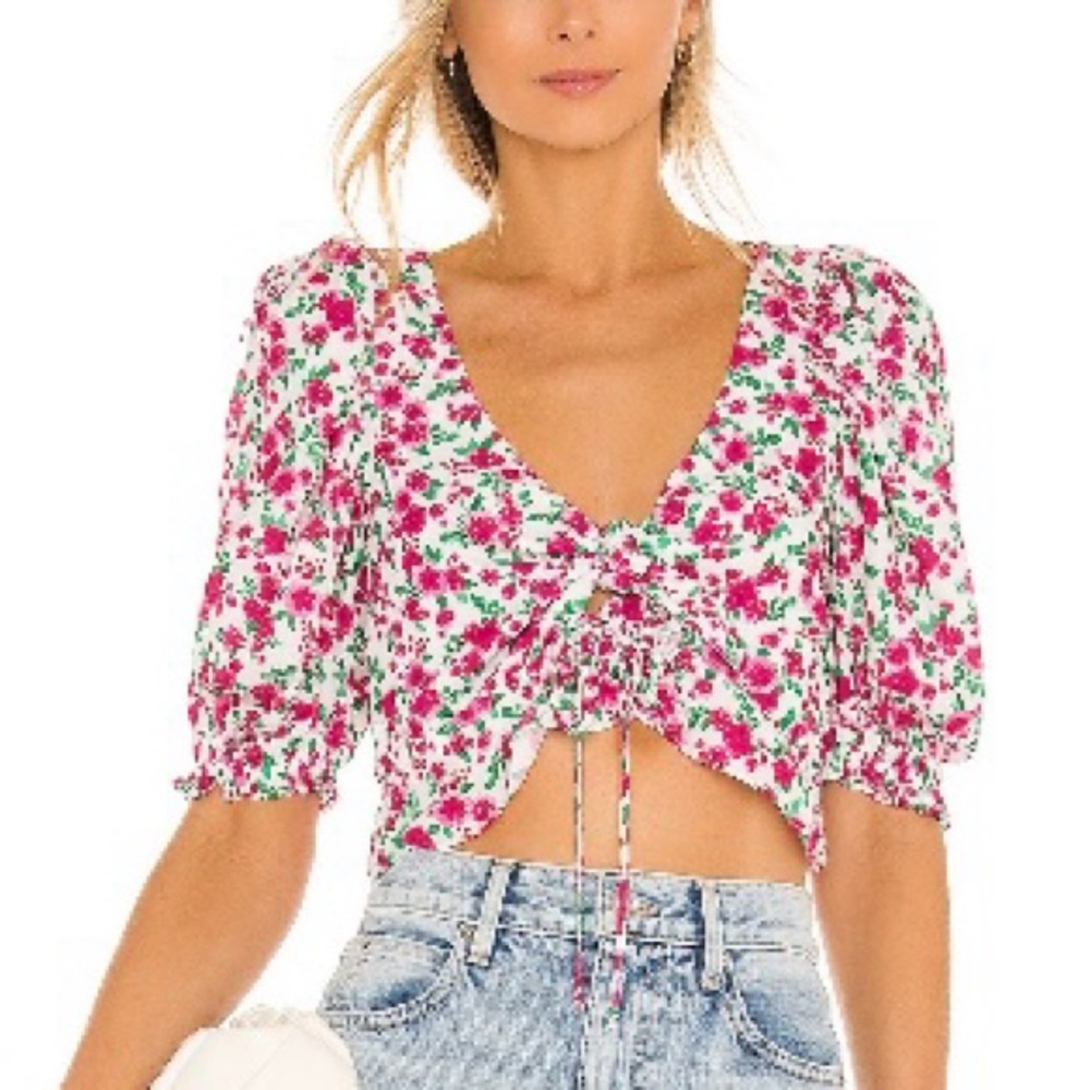 For Love And Lemons “Petal” Floral Blouse with Ruffled Sleeves